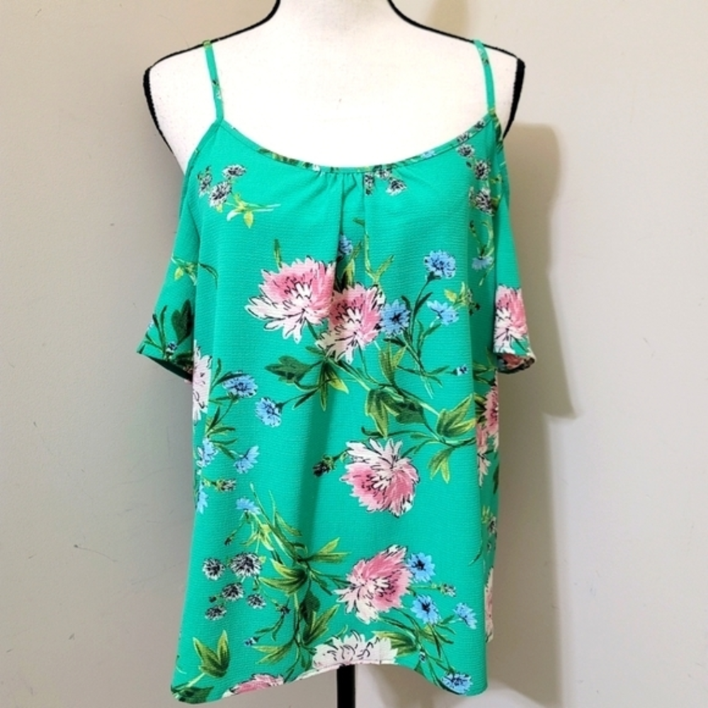 A.U.W Floral Print Cold‎ Shoulder Blouse, size Large, Green Multicolor